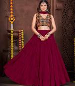 Women's Maroon French Crape Traditional Kutchi Embroidery with Mirror Work Semi Stiched Lehenga Choli With Dupatta