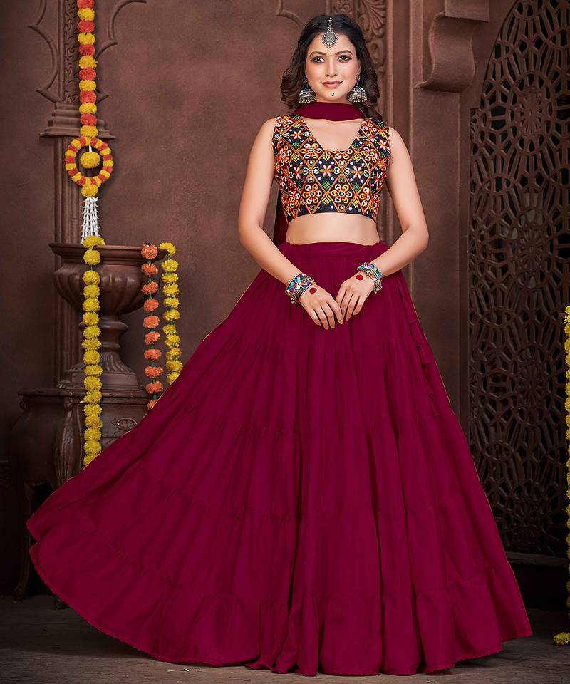 Women's Maroon French Crape Traditional Kutchi Embroidery with Mirror Work Semi Stiched Lehenga Choli With Dupatta