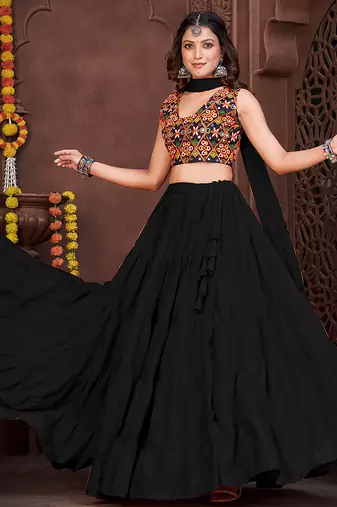 Women's Black French Crape Traditional Kutchi Embroidery with Mirror Work Semi Stiched Lehenga Choli With Dupatta
