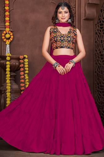 pink french crepe kutchi embroidery navratri lehenga choli