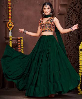 dark green mirror work french crepe navratri lehenga choli 1