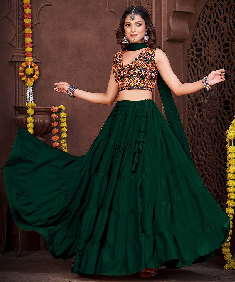 Women's Green French Crape Traditional Kutchi Embroidery with Mirror Work Semi Stiched Lehenga Choli With Dupatta