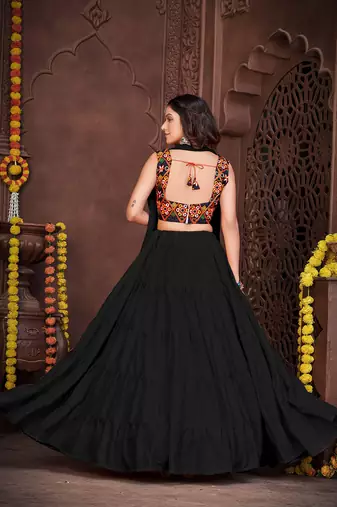 Women's Black French Crape Traditional Kutchi Embroidery with Mirror Work Semi Stiched Lehenga Choli With Dupatta