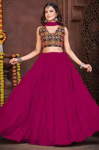 Women's Pink French Crape Traditional Kutchi Embroidery with Mirror Work Semi Stiched Lehenga Choli With Dupatta