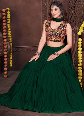 dark green mirror work french crepe navratri lehenga choli 2