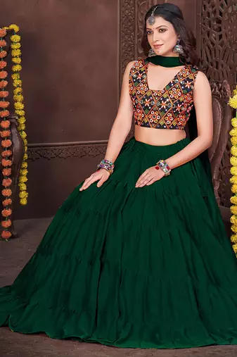 Women's Green French Crape Traditional Kutchi Embroidery with Mirror Work Semi Stiched Lehenga Choli With Dupatta