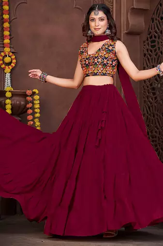 Women's Maroon French Crape Traditional Kutchi Embroidery with Mirror Work Semi Stiched Lehenga Choli With Dupatta
