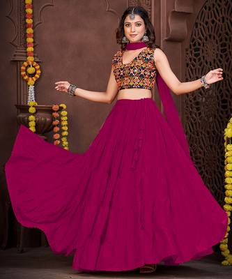 pink french crepe kutchi embroidery navratri lehenga choli 3
