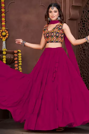 Women's Pink French Crape Traditional Kutchi Embroidery with Mirror Work Semi Stiched Lehenga Choli With Dupatta