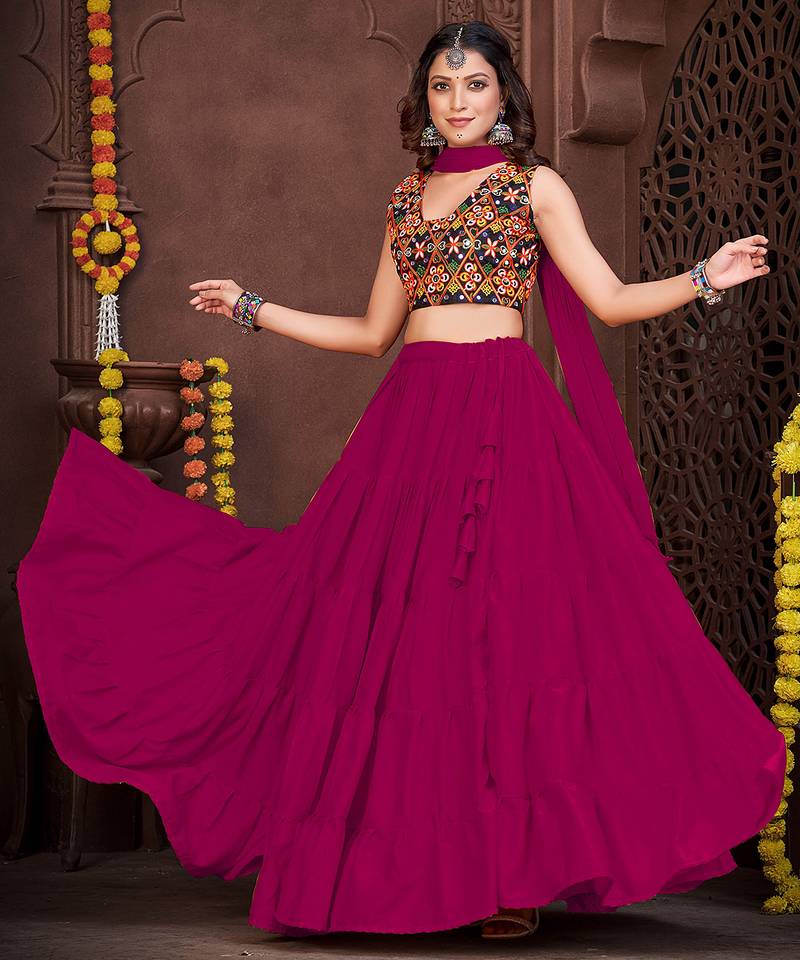 Women's Pink French Crape Traditional Kutchi Embroidery with Mirror Work Semi Stiched Lehenga Choli With Dupatta