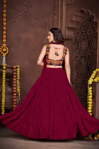 Women's Maroon French Crape Traditional Kutchi Embroidery with Mirror Work Semi Stiched Lehenga Choli With Dupatta