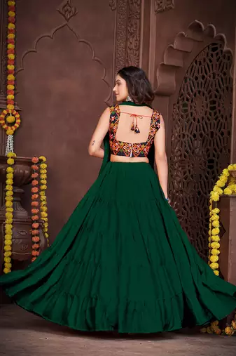 Women's Green French Crape Traditional Kutchi Embroidery with Mirror Work Semi Stiched Lehenga Choli With Dupatta