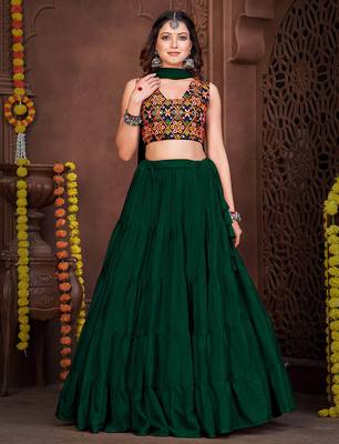 dark green mirror work french crepe navratri lehenga choli 4