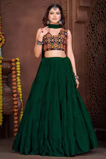 Women's Green French Crape Traditional Kutchi Embroidery with Mirror Work Semi Stiched Lehenga Choli With Dupatta