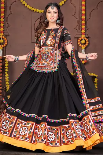 Women's Black Georgette Traditional Kutchi Embroidery with Mirror Work Semi Stiched Lehenga Choli With Dupatta