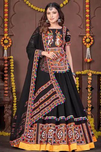 Women's Black Georgette Traditional Kutchi Embroidery with Mirror Work Semi Stiched Lehenga Choli With Dupatta