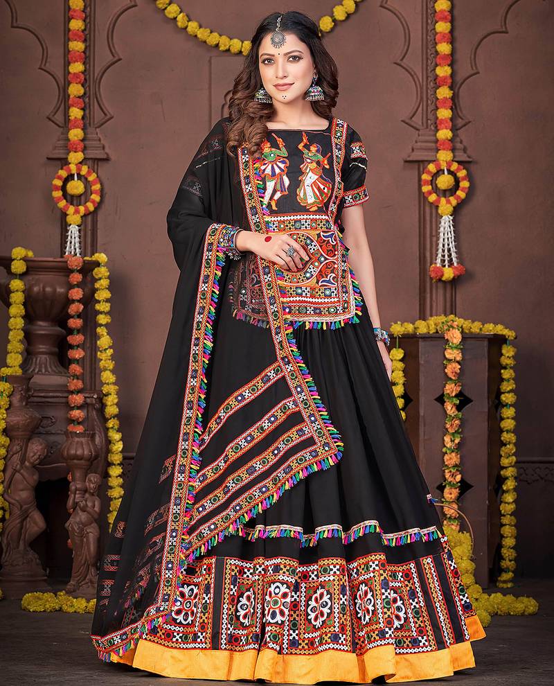 Women's Black Georgette Traditional Kutchi Embroidery with Mirror Work Semi Stiched Lehenga Choli With Dupatta