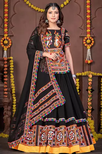 Women's Black Georgette Traditional Kutchi Embroidery with Mirror Work Semi Stiched Lehenga Choli With Dupatta
