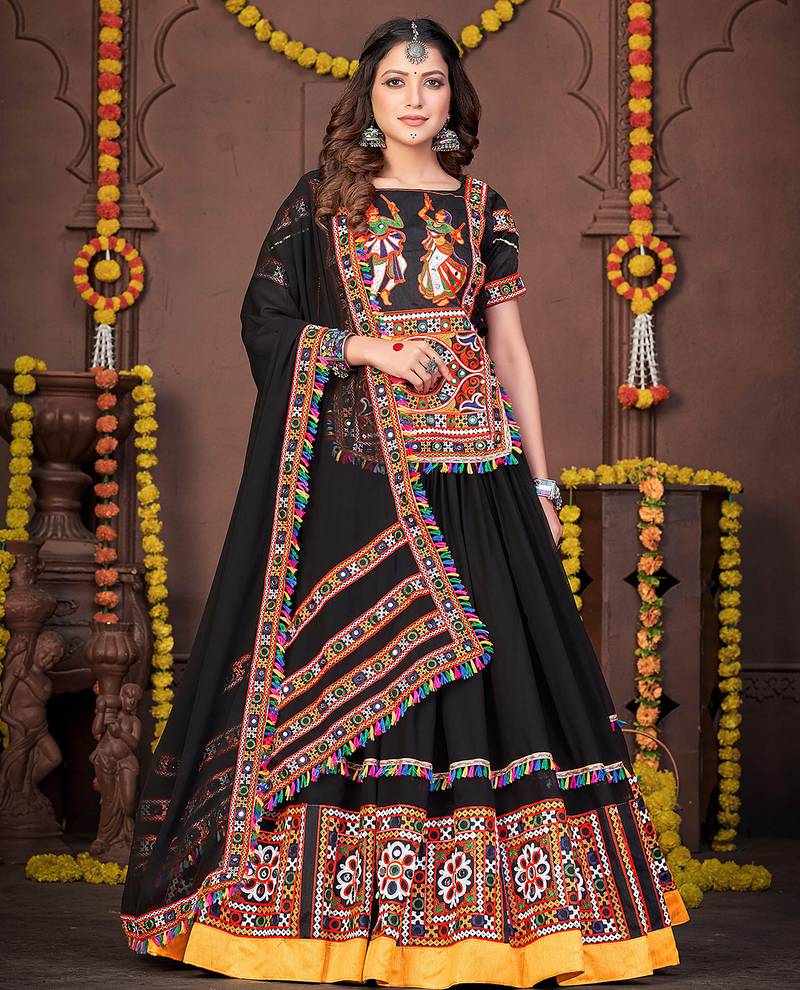Women's Black Georgette Traditional Kutchi Embroidery with Mirror Work Semi Stiched Lehenga Choli With Dupatta