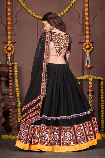 Women's Black Georgette Traditional Kutchi Embroidery with Mirror Work Semi Stiched Lehenga Choli With Dupatta