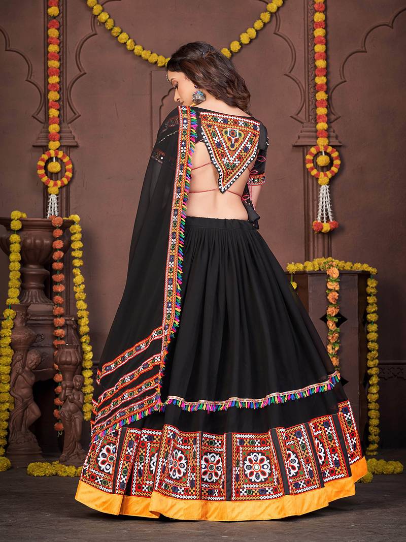 Women's Black Georgette Traditional Kutchi Embroidery with Mirror Work Semi Stiched Lehenga Choli With Dupatta