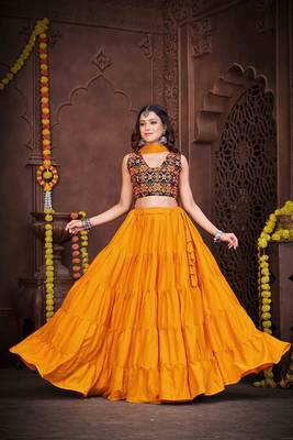 mustard multicolour embroidered tiered navratri lehenga set  1