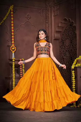 Women's Mustard French Crape Traditional Kutchi Embroidery with Mirror Work Semi Stiched Lehenga Choli With Dupatta