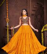 Women's Mustard French Crape Traditional Kutchi Embroidery with Mirror Work Semi Stiched Lehenga Choli With Dupatta