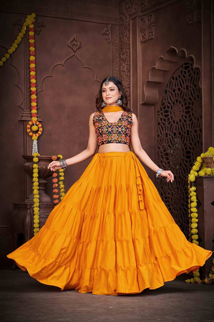 Women's Mustard French Crape Traditional Kutchi Embroidery with Mirror Work Semi Stiched Lehenga Choli With Dupatta