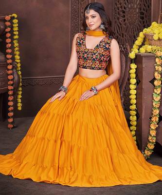 mustard multicolour embroidered tiered navratri lehenga set  3