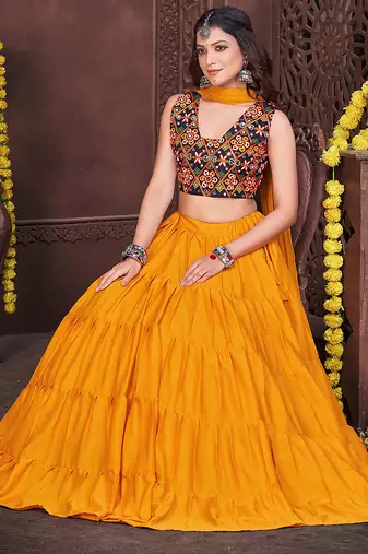 Women's Mustard French Crape Traditional Kutchi Embroidery with Mirror Work Semi Stiched Lehenga Choli With Dupatta