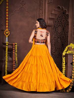 mustard multicolour embroidered tiered navratri lehenga set  4