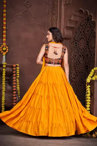 Women's Mustard French Crape Traditional Kutchi Embroidery with Mirror Work Semi Stiched Lehenga Choli With Dupatta
