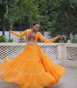 NAVRATRI WEAR YELLOW COLOR GEORGETTE BANDHEK PRINT LEHENGA CHOLI FULL STITCHED.