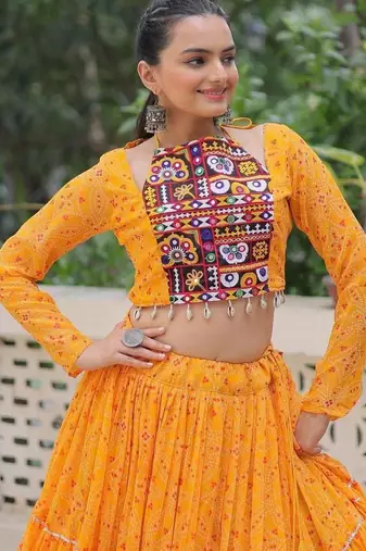 NAVRATRI WEAR YELLOW GEORGETTE BANDHEK PRINT LEHENGA CHOLI FULL STITCHED.