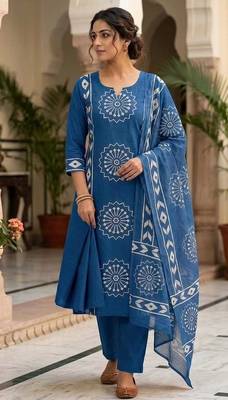 Women's Blue Printed Kurta Pant Dupatta Set 1