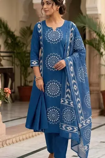 Women's Blue Printed Kurta Pant Dupatta Set