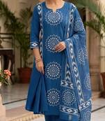 Women's Blue Printed Kurta Pant Dupatta Set
