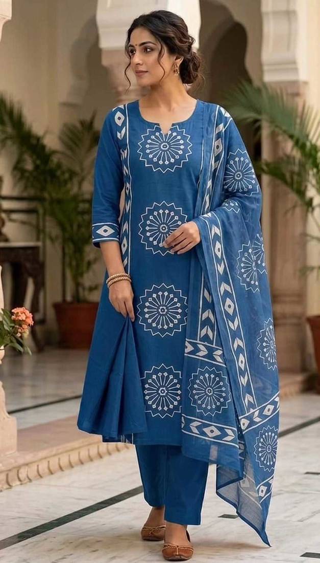 Women's Blue Printed Kurta Pant Dupatta Set