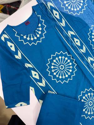 Women's Blue Printed Kurta Pant Dupatta Set 3