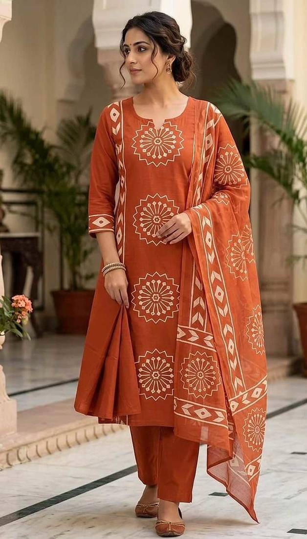 Women Cotton Printed Kurta Pant Dupatta Set