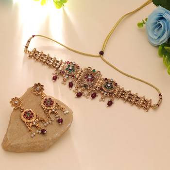 Maroon color matte gold necklace set 1