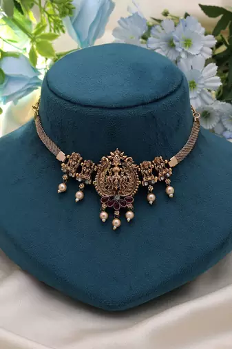 Maroon & green color choker temple necklace