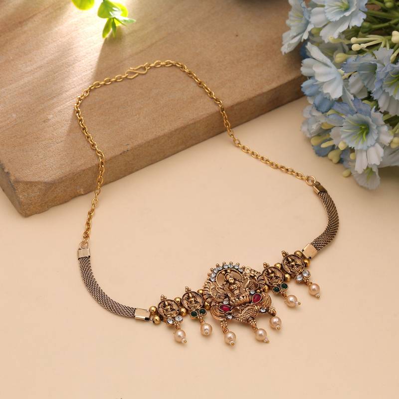 Maroon & green color choker temple necklace