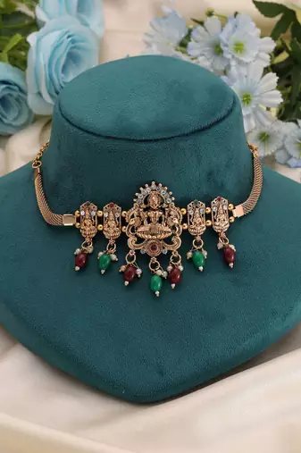 Maroon & green color choker temple necklace