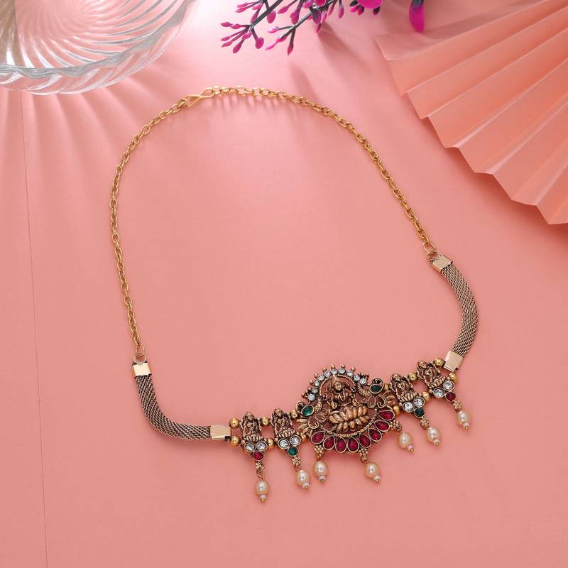 Maroon & green color choker temple necklace