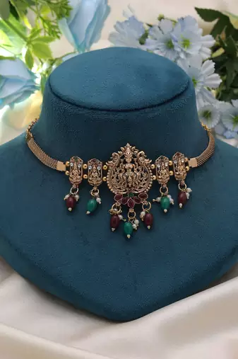 Maroon & green color choker temple necklace