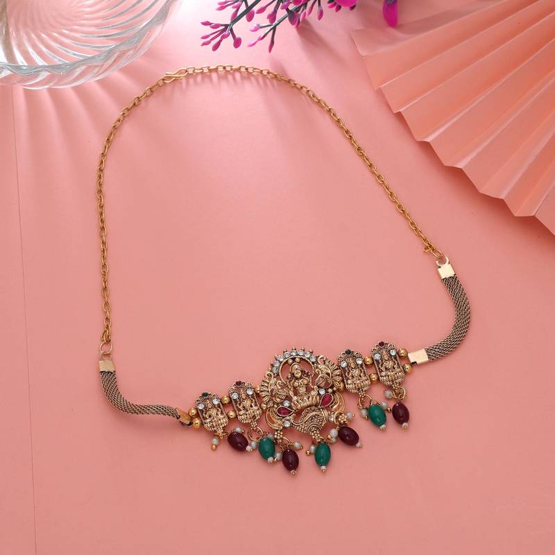 Maroon & green color choker temple necklace