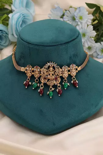 Maroon & green color choker temple necklace