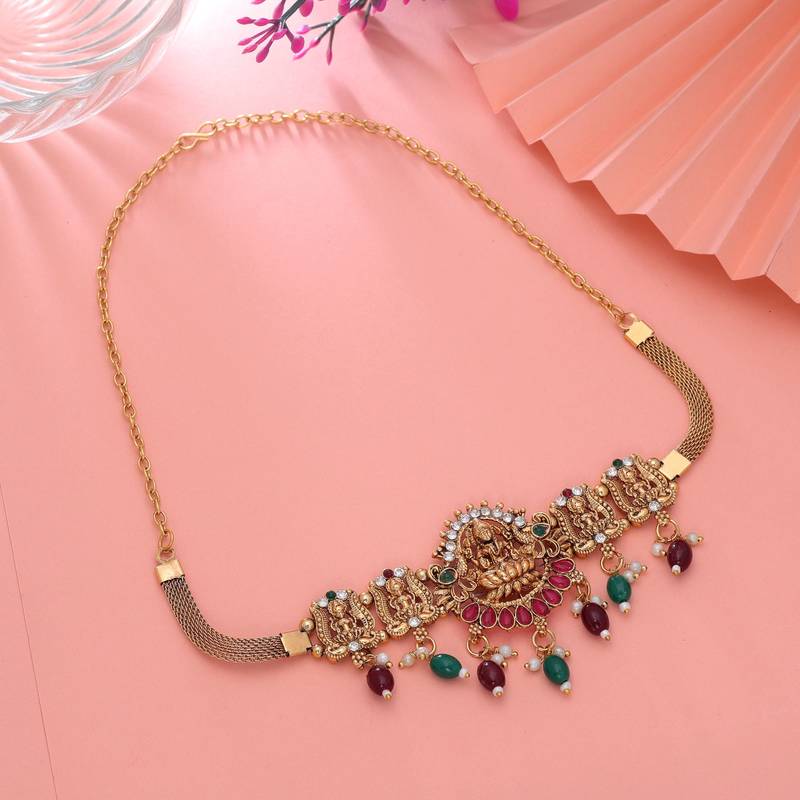 Maroon & green color choker temple necklace